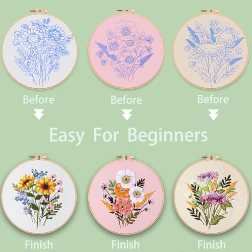 Image of Ohcol 3 Sets Embroidery Kit for Beginners Cross Stitch Kits Needlepoint Kits Crafts for Adults with 3 Embroidery Hoops Easy-to-Follow Operating Instructions,Needle Point Kits with Flowers Patterns