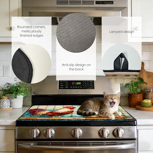 Image of Nuxovilar Rooster Stove Cover Diatom Mud 28.65x20.47 In | Glass Protector Countertop Mat Counter Saver Cooktop Cover Farmhouse Kitchen Patio Camper (Rooster Sunflower)