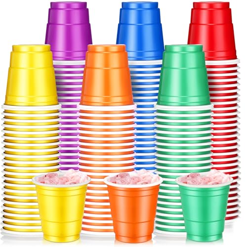 Roshtia 100 Pack 2 oz Plastic Shot Cups, Mini Disposable Shot Glasses 2 oz Party Cups for Wedding Party, Summer Beer Taste Serving, Snacks(Rainbow Colors)