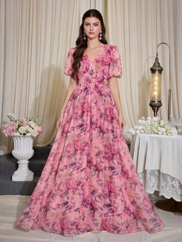 Image of TOLEEN Summer Casual Dresses for Women 2026 Spring Fashion Boho V Neck Long Sleeve Ruffle Floral Print Elegant Maxi Dress