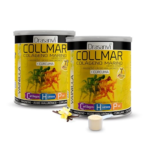 Drasanvi COLLMAR Colageno Marino Hidrolizado + Cúrcuma con Magnesio, Vitamina C, Ácido Hialurónico para bienestar articular y muscular, asimilación 9.355 mg/día, 2 x 300 g de polvo, Sabor Vainilla