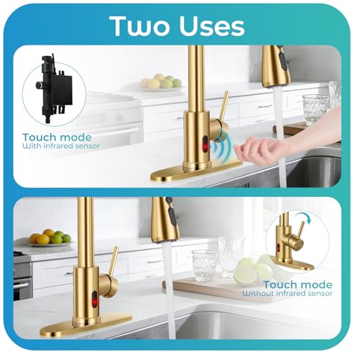 Image of Touchless Kitchen Faucet with Pull Down Sprayer - Brushed Gold Single Handle Kitchen Faucets, High Arc Stainless Steel Pull Out Kitchen Sink Faucet with Deck for RV Laundry Farmhouse Bar