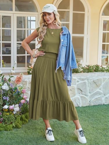 Image of Kikibell Womens Summer Dresses Cap Sleeve Elastic Waist Midi Dress with Pocket Long Causal Sundress Beach Vacation Outfits