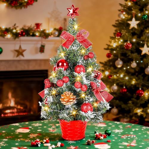 Greyghost Small Christmas Tree with Lights 45CM Pre-Lit & Pre-decorated Desk Tree with Star Topper Red Artificial Mini Christmas Tree for Home Office Tabletop Decor Indoor Christmas Trees Gift