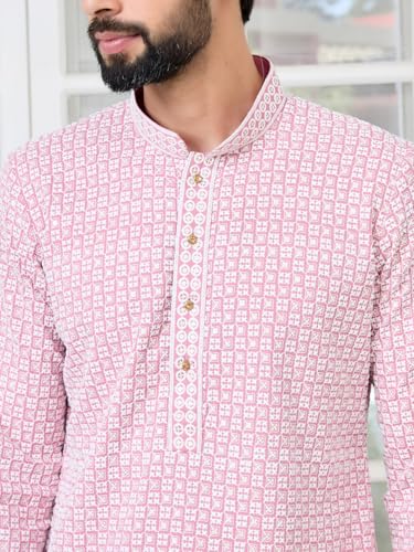 Image of See Designs Men's Full Sleeve Mandarin Collar Embroidered Thread Work Sequinned Rayon Straight Long Kurta - Festive Collection