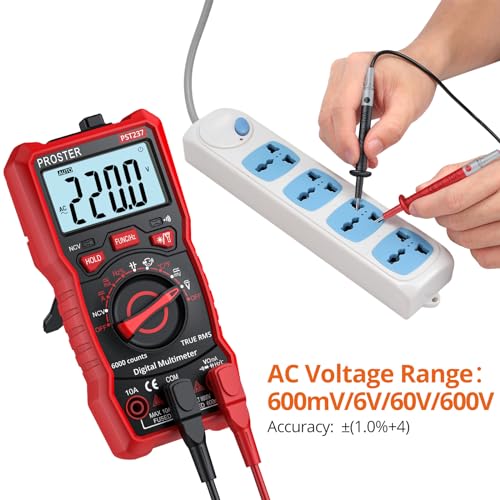 Image of Proster 6000 Counts TRMS Multimeter - NCV Auto-Range for AC /DC | Measures AC /DC V (600V), A (10A), R, C, Freq, Temp, Diode, Continuity. NCV Detector. Backlight Flashlight Magnet Stand