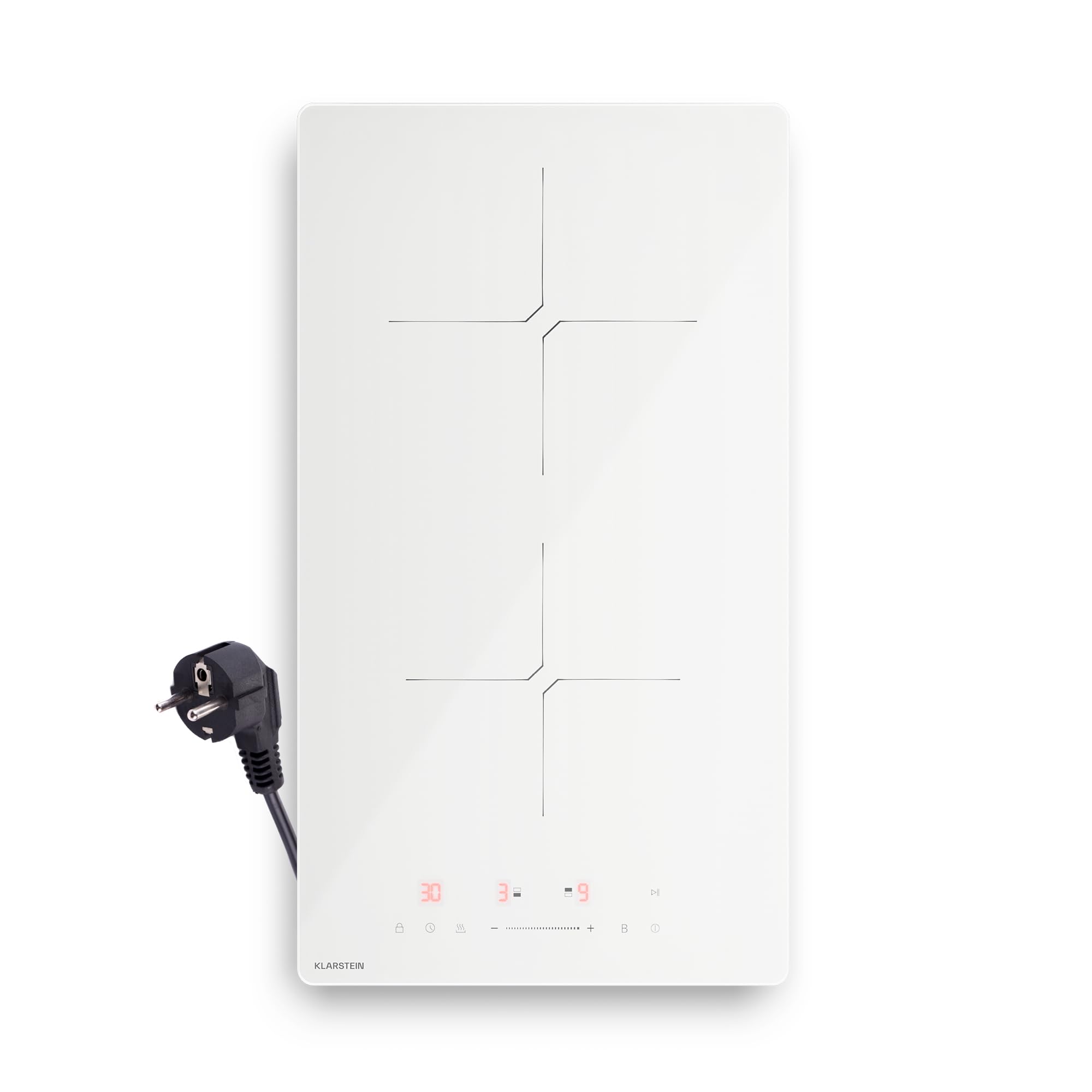 Klarstein PowerGlide Placa Inducción 30cm - 2 Zonas, 3500W Boost, Control Deslizante Táctil, Temporizador, Bloqueo Infantil, Vitrocerámica, Cocina Inducción Compacta, Blanco