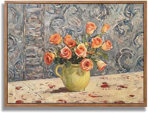 Framed Vintage Floral Wall Art, Moody Still Life Oil Painting Ora...