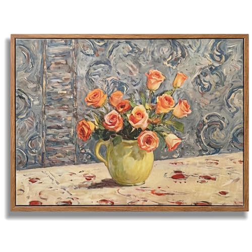 Framed Vintage Floral Wall Art, Moody Still Life Oil Painting Orange Roses, Blue Botanical Canvas Wall Decor for Living Room Bedroom Farmhouse, 16x12 inch