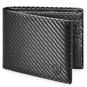 Mens RFID Blocking Carbon Fibre Leather Wallet – Bi-Fold Card Wallet with 10 Card Slots, 2 ID Windows, 2 Cash Compartments – Black