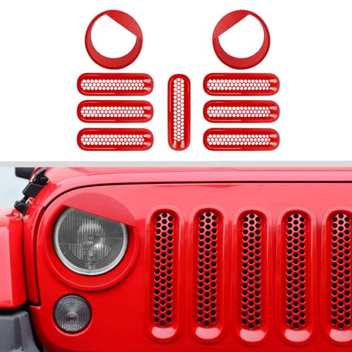 Image of JWWY Front Grille Insert Radiator Grille Grillwork Surround Assembly Inserts Headlight Headlamp Cover Trim Set Fit for 2007-2017 Jeep Wrangler JK JKU Exterior Accessories 9pcs Red