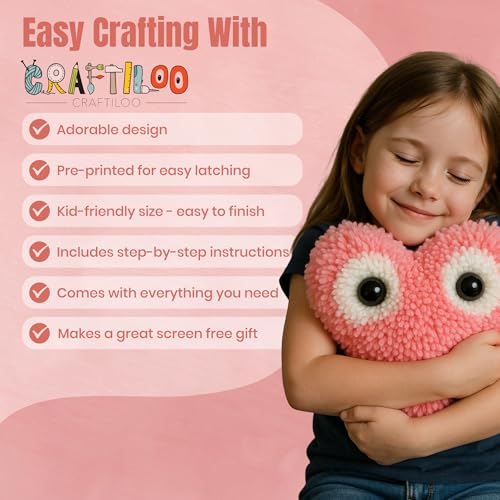 Image of Latch Hook Kit for Kids - Googly Eyes Heart Rug Pillow Craft, Ages 6+