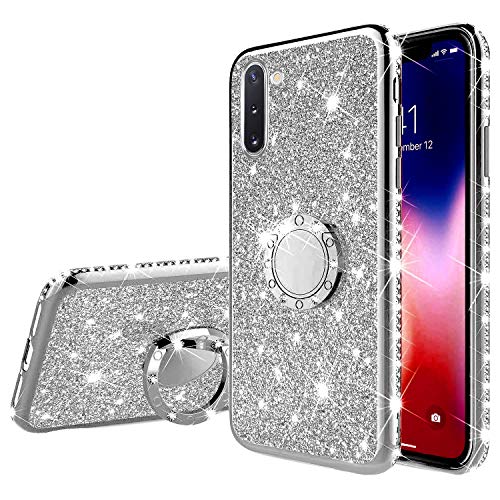 Robinsoni Case Compatible with Samsung Galaxy Note 10 Phone Cover Flexible Galaxy Note 10 Case Sparkle Silicone Case TPU Diamond Edge Bling Case 360 Degree Rotation Ring Cover Ultra Thin Cover,Silver