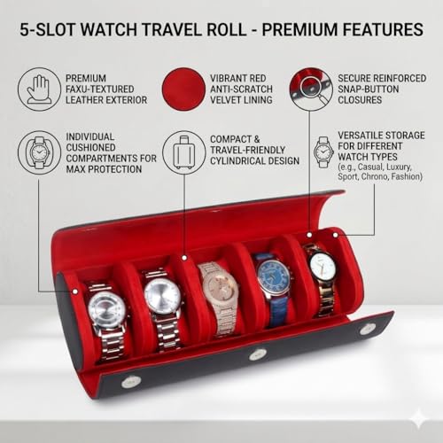 Image of essart 5-Slot Watch Roll Travel Organizer - Premium PU Leather Watch Storage Case, Portable Travel Watch Roll for Men & Women, & Gift Box