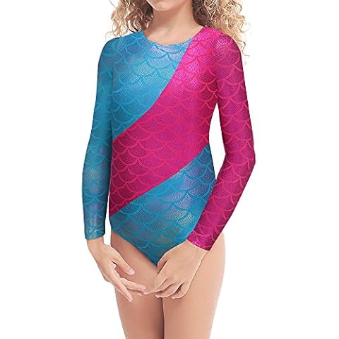 Kidsparadisy Girls Long Sleeve Ballet Gymnastic Dance Leotard Red Stripe Mermaid Sparkly Cross Dancing Training Costumes for 2-10Y Little Girls (Mermaid, 140(7-8T)) Cover
