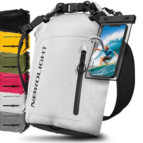 Nordlight Dry Bag wasserdichte Tasche mit Handyhülle + Roll-Top, Schultergurt | Drybag wasserfester Rucksack Beutel Packsack Seesack Wassersack Wetbag | Baden Schwimmen Strand SUP – Weiß, 20 Liter