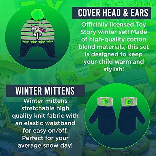 Image of Disney Toy Story Buzz Lightyear Toddler Winter Hat and Snow Gloves for Boys 2 Pc. Set, Soft Mittens with Warm Pom-Pom Beanie