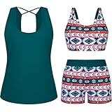 Arolina Slimming Swimsuits for Women 3 Piece Modest Bathing Suit Over 60 Tankini Swim Tops with Back Adjustment Buckle L Dark Green