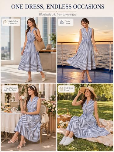 Image of BROVAVE Womens 2026 Summer Sleeveless Shirt Dress Collar Striped V Neck Casual Midi Dresses