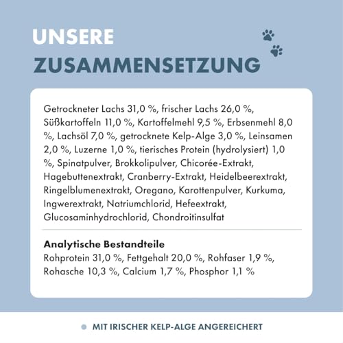 Irish Pure Hypoallergenes Trockenfutter Adult | 12kg | Atlantik-Lachs mit Kelp-Alge & Gemüse | Hoher Fleischanteil | Getreidefrei | Sensitiv | Hundetrockenfutter | Für alle Rassen