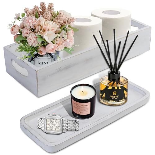 Toilet Tank Tray for Modern White Bathroom Decor Set of 2 Acacia Toilet Tank Topper Paper Storage Decorative Organizer Box Wood Vanity Tray for Counter Decor Dresser Tops White