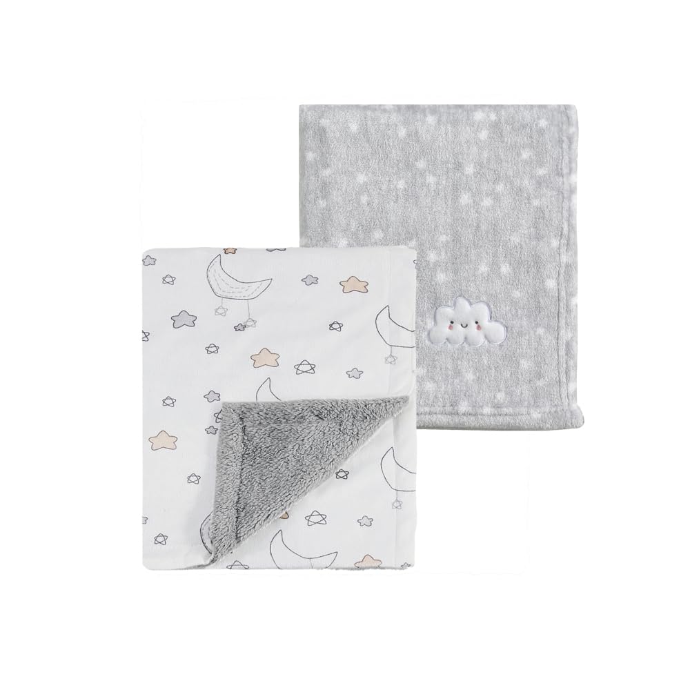 CREVENT 2Pcs 75cmX100cm Cute Cozy Fluffy Warm Baby Blankets for Infants Toddlers' Bedding Crib Cot Stroller - Grey Cloud + Mink Night