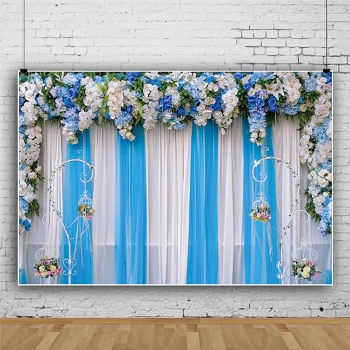 MIRRORANG 3x2,5m Wedding Backdrop White and Blue Flowers Curtain Floral Background for Photography Baby Shower Decoration Banner Bridal Shower Supplies Wedding Banner - Image 2