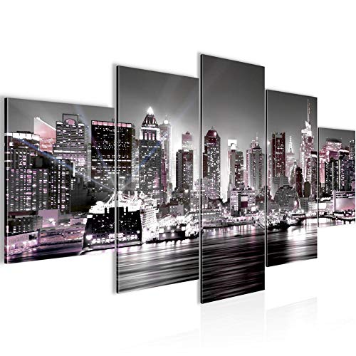 Runa Art - Tableau New York City 200 x 100 cm 5 Parties XXL Decoration Murale Dessin Rose Gris 605551b
