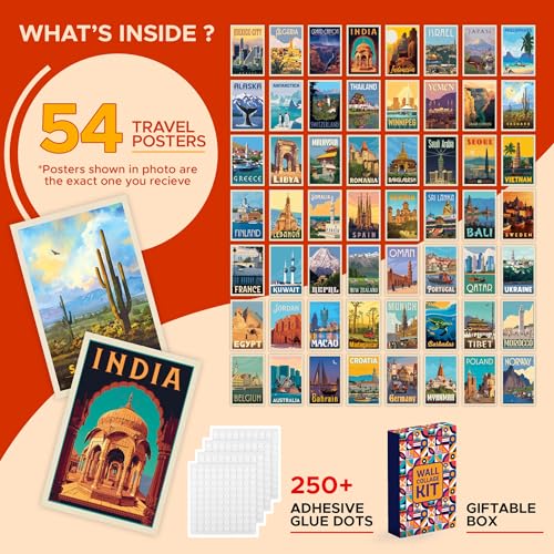 Image of CodersParadise Vintage Travel Wall Collage Kit - 54 PCS 4x6 Inch Self-Adhesive Posters for Bedroom, Study Room & Dorm Decor | Retro Travel Aesthetic Photo Wall Set for Teens, Girls & Boys