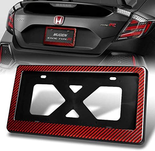 2 in 1 Luxury Genuine 100% Real Carbon Fiber License Plate Frame TAG with Bracket, VIP Real 3K Carbon Fiber Patent# US00D906916S (Red)