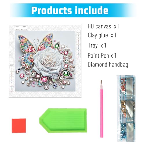 Image of 5D Special Shape Diamond Art Kits for Beginners, Diamond Painting Kits for Adults, Crystal Rhinestones Diamond Painting for Home Wall Decoration Gift 12x12 inch /30x30 cm, Butterfly and White Rose