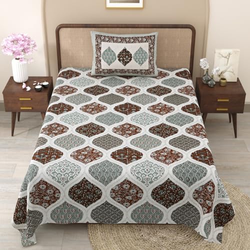 Image of Pure Cotton Single Bedsheet with 1 Pillow Cover, 220 TC Premium Jaipuri Bedsheet for Single Bed | 60x90 Inch - Multicolor Floral Print