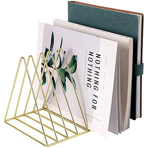 PENGKE File Organizer Triangle Iron Desktop Storage Book Rack Bookshelf Copper Magazine Newspaper Holder Art Desktop Organizer Rack,Gold Pack of 1 Cover