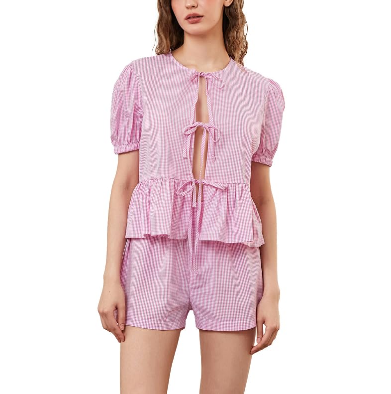 Image of Yuemengxuan Women Y2k Two Piece Plaid Lounge Sets Puff Sleeve Tie front Blouse Top High Waist Shorts Casual Pajamas Sets