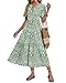 AUSELILY Sommerkleid Damen Midi Freizeitkleider Kurzarm Maxikleider Damen Sommer V Ausschnitt Kleid Lang Leicht und Luftig Elegant mit Taschen Elastischer Taille Oliv Blatt M