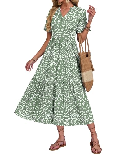 AUSELILY Robe Boheme Longue Femme Col en V à Manche Courte Robe de Plage Longue Femme Ete Chic et Elegant Fluide Legere Casual Dress avec Taille Empire Poches...
