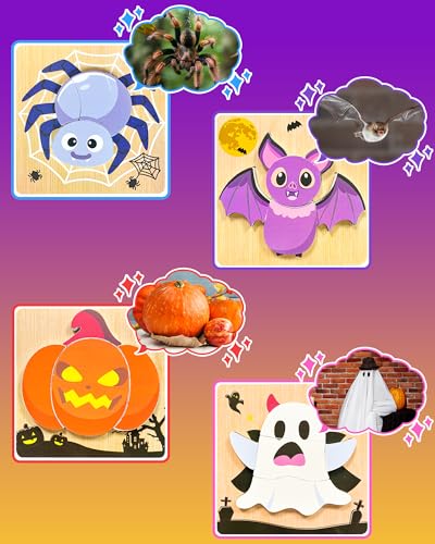 Image of Oomloid Halloween Wooden Puzzles for Toddlers, 4 Pack Halloween Toys Party Favors Boo Basket Stuffers Treats, Montessori Toys Birthday Gifts for Kids Boys Girls