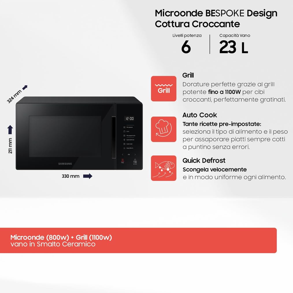 Samsung Libera installazione Forno a Microonde + Grill Glass Design Cottura Croccante, MG23T5018AK/ET, Home Dessert, Cottura Automatica, 800 W + 1100 W, 23 L, 49l x 27,5h x 38p, Carbone