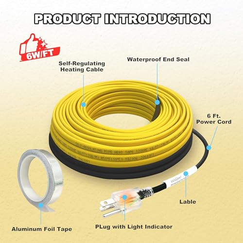 YeloDeer Pipe Heat Cable for Water Pipe Freeze Protection, Self-Regulating Heat Tape for Metal and Plastic Pipes, Anti-Freeze Pipe Heating Trace System with 6Ft. Power Cord, 120V,8 Feet