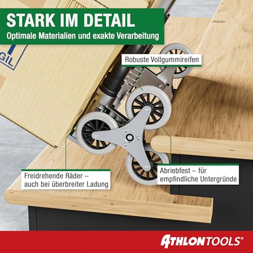 ATHLON TOOLS Aluminium Treppensteiger-Sackkarre klappbar TÜV geprüft – extra Langer Griff 110 cm, Ladefläche mit Anti-Rutsch-Pads