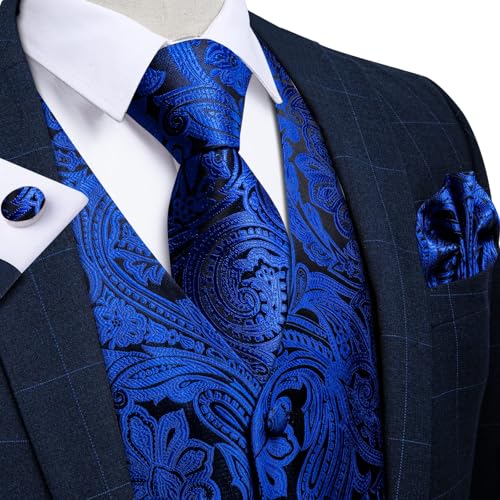 DiBanGu Mens Vest and Tie Set Formal Paisley Waistcoat and Necktie Pocket Square Cufflinks Silk Suit Vest for Tuxedo Wedding3