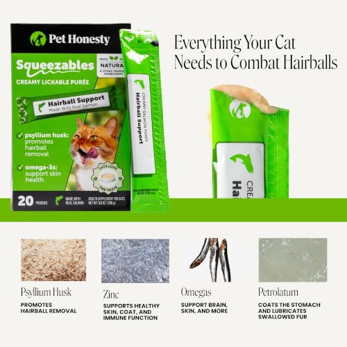 Image of Cat Hairball Remedy Lickable Treats - Squeezable Puree Pouches for Hairball Treatment, Furball Relief Control Supplement with Fiber and Fish Oil for Indoor Cats, Skin + Coat, Digestion (Salmon, 20 Ct)