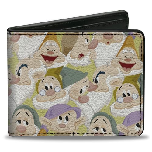 Buckle-Down Men's Disney Wallet, Bifold, Snow White The Seven Dwarfs Faces Stacked Yellow, Vegan Leather, 4.0