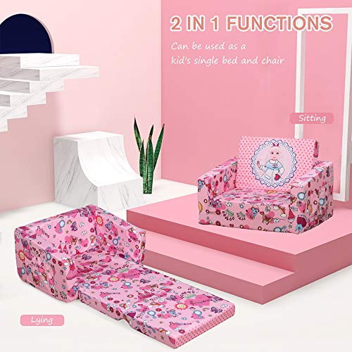 Qaba Kids Fold-Out Couch/Chair Lounger with Space-Themed Washable Fabric & Removable Cushion for 3-6 Years Old, Pink - Image 6