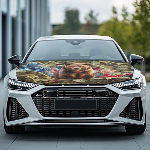 Image of Car Hood Cover Protector Stretchable Car Hood Wraps Auto Banner Bear American Flag Auto Decorative Accessories for Compact Sedans SUV Trucks (59x39 Inch)