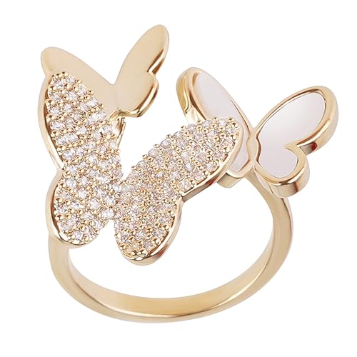 Gold Adjustable Ring, CZ Sterling Silver Butterfly Rings for Women or 18k Gold Plated Stackable Rings - Cool Cute Rings, includes: Butterfly | Pink Floral | Spiral Leaf Rings Gift for Wife, Mother, Daughter, Women