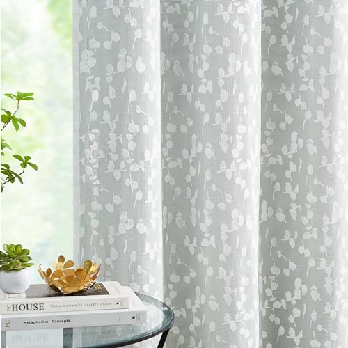 Image of Mix Matched Green Full Blackout & Sheer Leaf Lace Curtains 52 inchWx95L 6Panels | White Lace Sheer Leaf & Green Blackout Combo Set, 2 Blackout+2 Sheer Panels, 4-Piece Set, Mix and Match Style Grommet Top