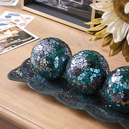 Kmwares 12.4” Mosaic Glass Decorative Tray Dish Plate With 3Pcs 3" Decorative Orbs Balls Sphere Decor For Living Room Or Dining Table Coffee Table Mantle Decor Centerpiece (Turquoise) #TOP5