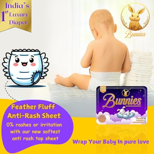 Image of Bunnies Premium All Night Absorb Pant Style Baby Diapers, Medium (M) Size 7-12kg, Pack of 100 Ultra Soft Babies Diapers with Leakage Guard & Anti-Bacterial with 12 Hours Absorption