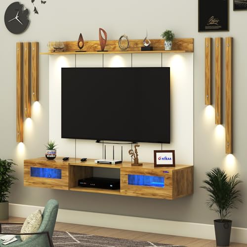 Image of Anikaa OriloPro Engineered Wood Wall Mount TV Unit with PVC Back Panel, Acrylic Blue LED Storage Box, Side Wooden Accent Spot Light Panels I Deal for Up to 50 Inch TV (Giantwood - DIY Installation)
